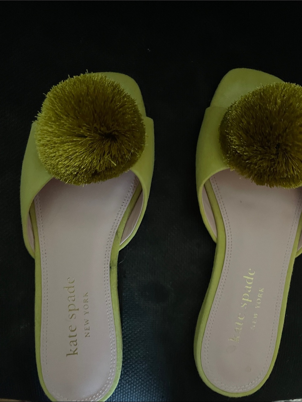 kate spade chartreuse pompom slide mules